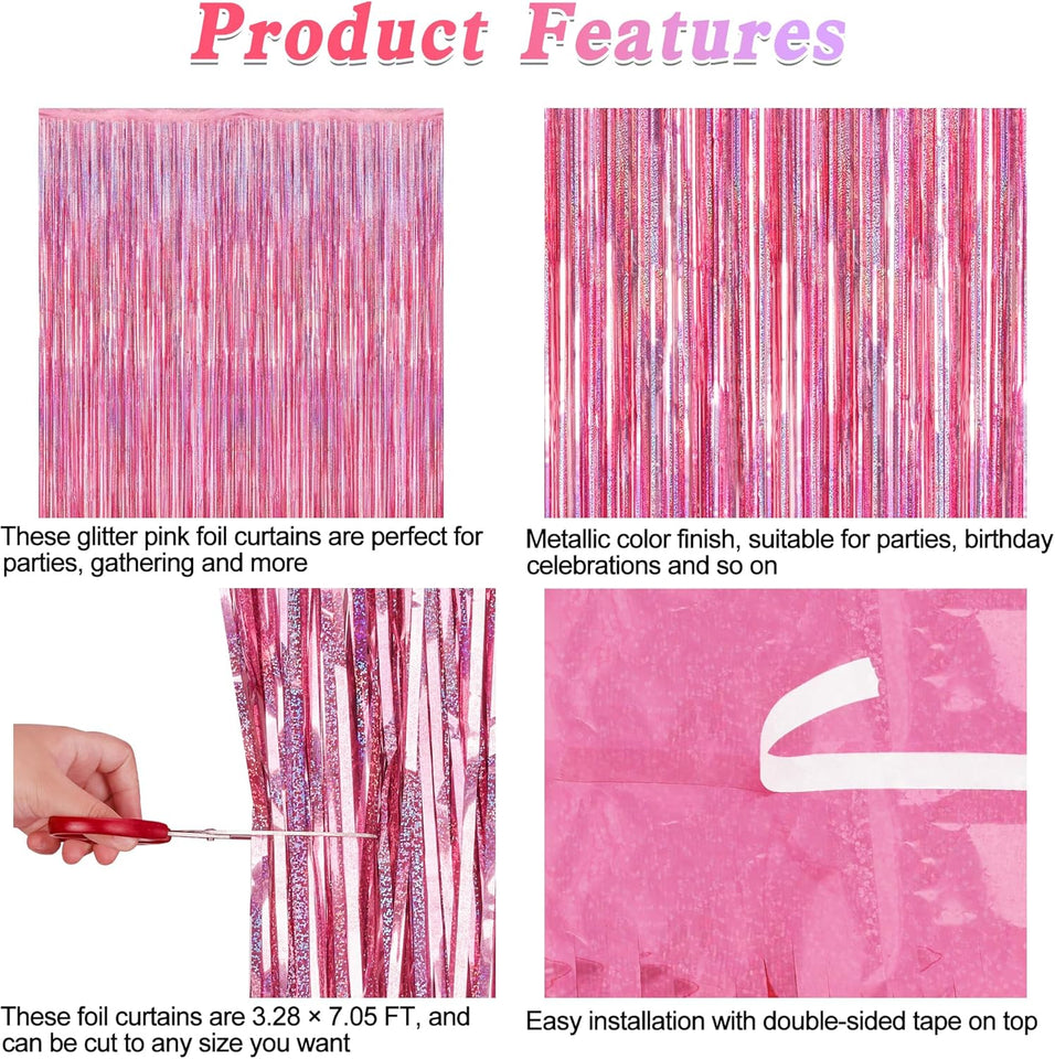 2 Pack Glitter Pink Backdrop, 3.28 FT x 7.05 FT Birthday Party Decorations, Laser Pink Fringe Curtains Foil Streamer Tinsel, Pink Curtains Photo Backdrop Happy Birthday Valentines Day Backdrop