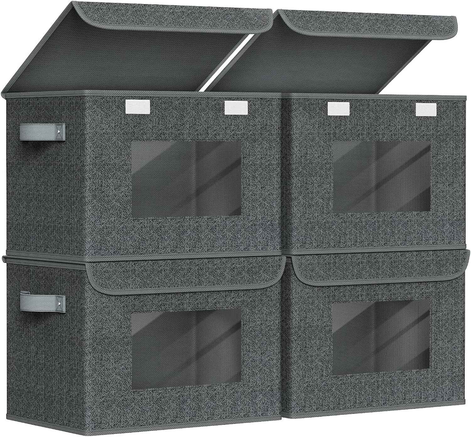 Univivi Fabric Foldable Storage Boxes [4-Pack] Large Collapsible Stackable Storage Bins with Lids, Closet Organizers and Storage Cube Basket for Home, Office, Bedroom (Gray, 17“ x 12” x 12")
