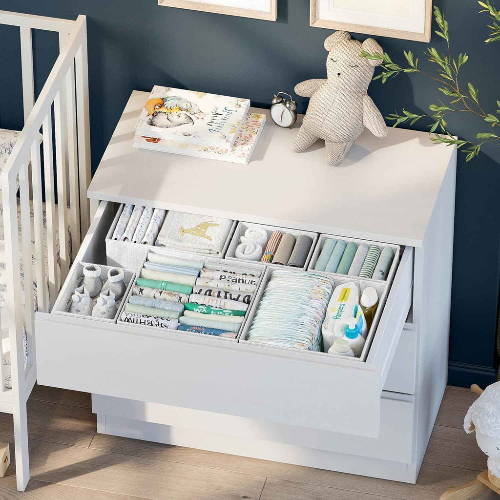 White-Grey Dresser Organizer Set of 12 PCS - Perfect for Nursery, Bedroom, Closet, Baby Clothes Organizer and Storage