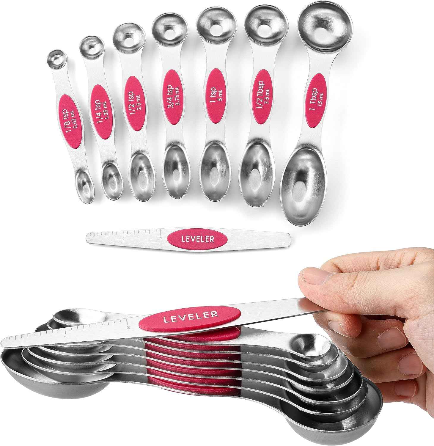 Spring Chef Stainless Steel Magnetic Measuring Spoons Set with Strong N45 Magnets, Heavy Duty Metal Kitchen Gadgets for Baking & Cooking, Fits in Most Kitchen Spice Jars, Set of 8 with Leveler, Black