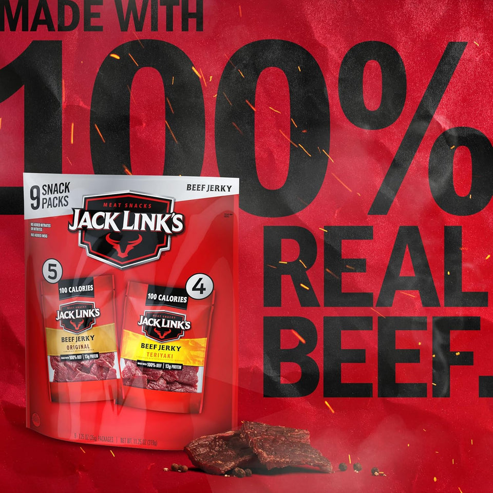 Jack Link's Beef Jerky Variety Pack with Original and Teriyaki Flavors, 9 Pack, 1.25 oz Bag, Ready to Eat Protein Snacks, 13g Protein per Serving