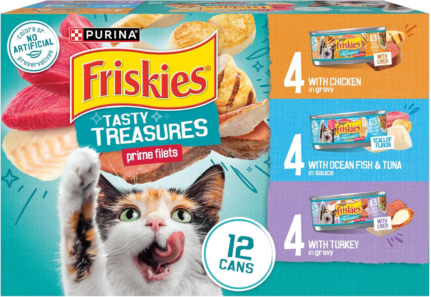PLrina Friskies Wet Cat Food Variety Pack, Tasty Treasures Prime Filets (With Ocean Fish and Tuna, With Chicken and With Turkey) - 5.5 Ounce (Pack of 12)