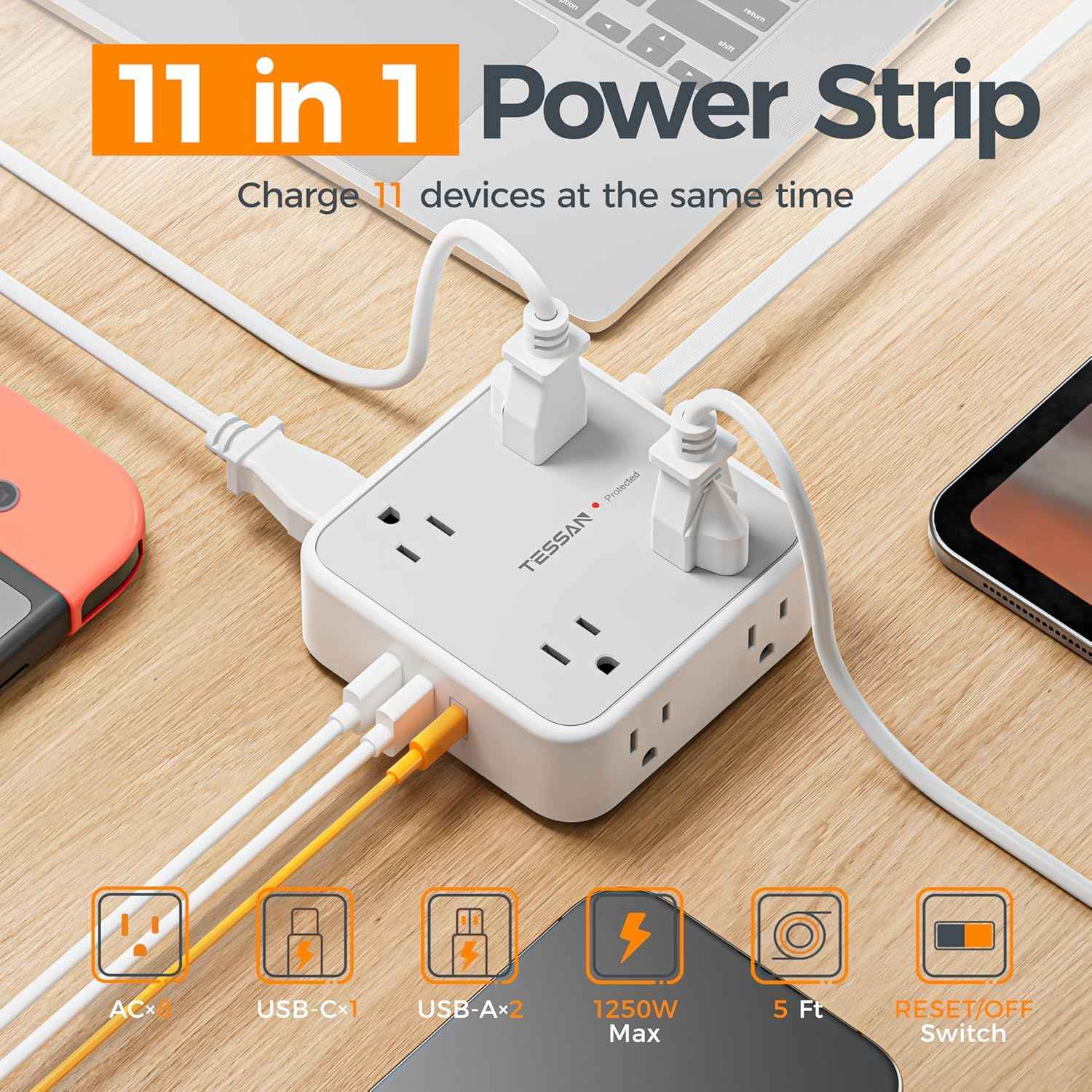 TESSAN 5 Ft flat plug extension cord with 3 USB, 8 outlets, 900J surge protection for office, dorm room essentials