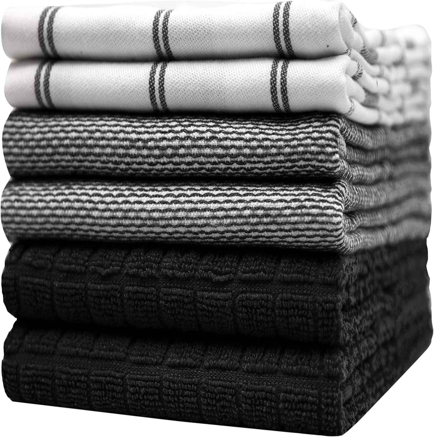 Premium Kitchen Towels (20”x 28”, 6 Pack) | Large Cotton Kitchen Hand Towel | Flat & Terry Dish Cloths | Highly Absorbent Tea Towels Set with Hanging Loop | Gray