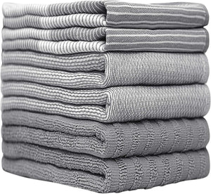 Premium Kitchen Towels (20”x 28”, 6 Pack) | Large Cotton Dish Towels | Flat & Terry Highly Absorbent Kitchen Linen Set with Hanging Loop | Gray