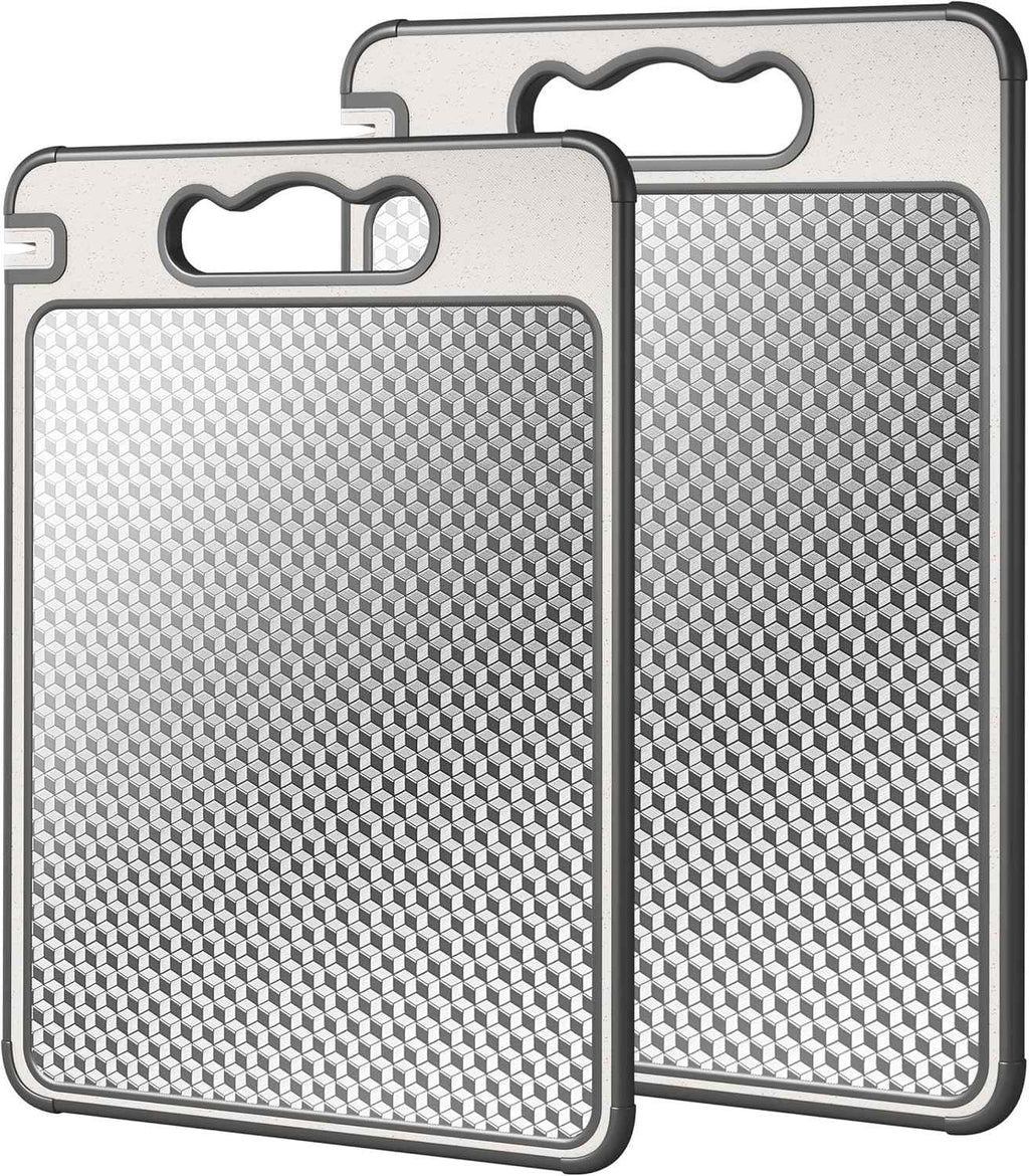 Double Sided 304 Stainless Steel & Wheat Straw Cutting Board, 14.4"*9.8" Non Toxic Chopping Board, Separately Handle Meat and Vegetables, Dishwasher Safe, Scratch Resistant Mesh Design