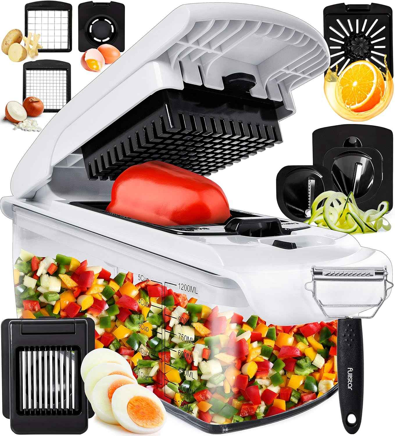 Fullstar The Original Pro Chopper - Vegetable Chopper and Spiralizer, Food Chopper with Container, Fruit Slicer, Kitchen Gadgets & Accessories, Home Essentials (4 in 1, White)