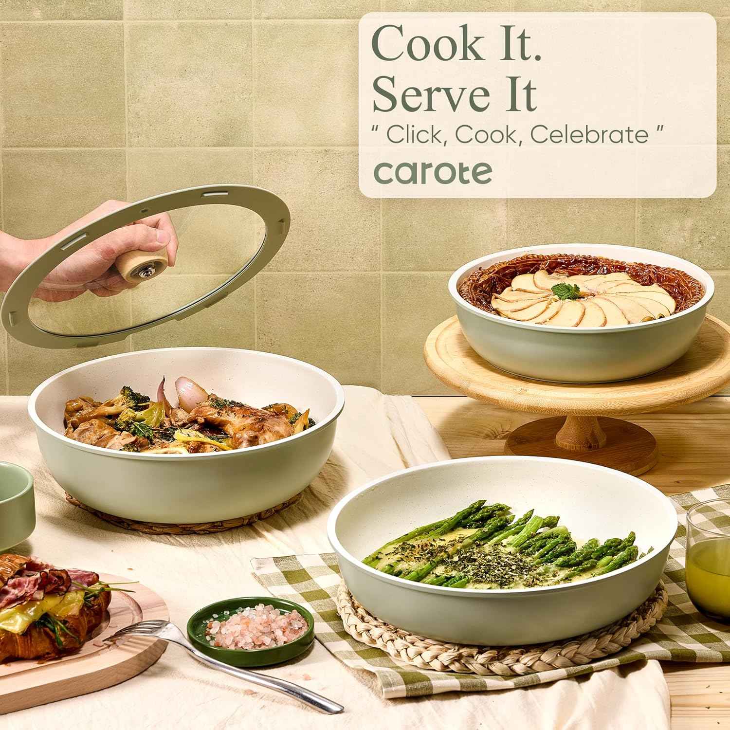 CAROTE 19pcs Nonstick Cookware Set with Detachable Handle, Induction Ready, Oven Safe, Sage Green, RV Cookware