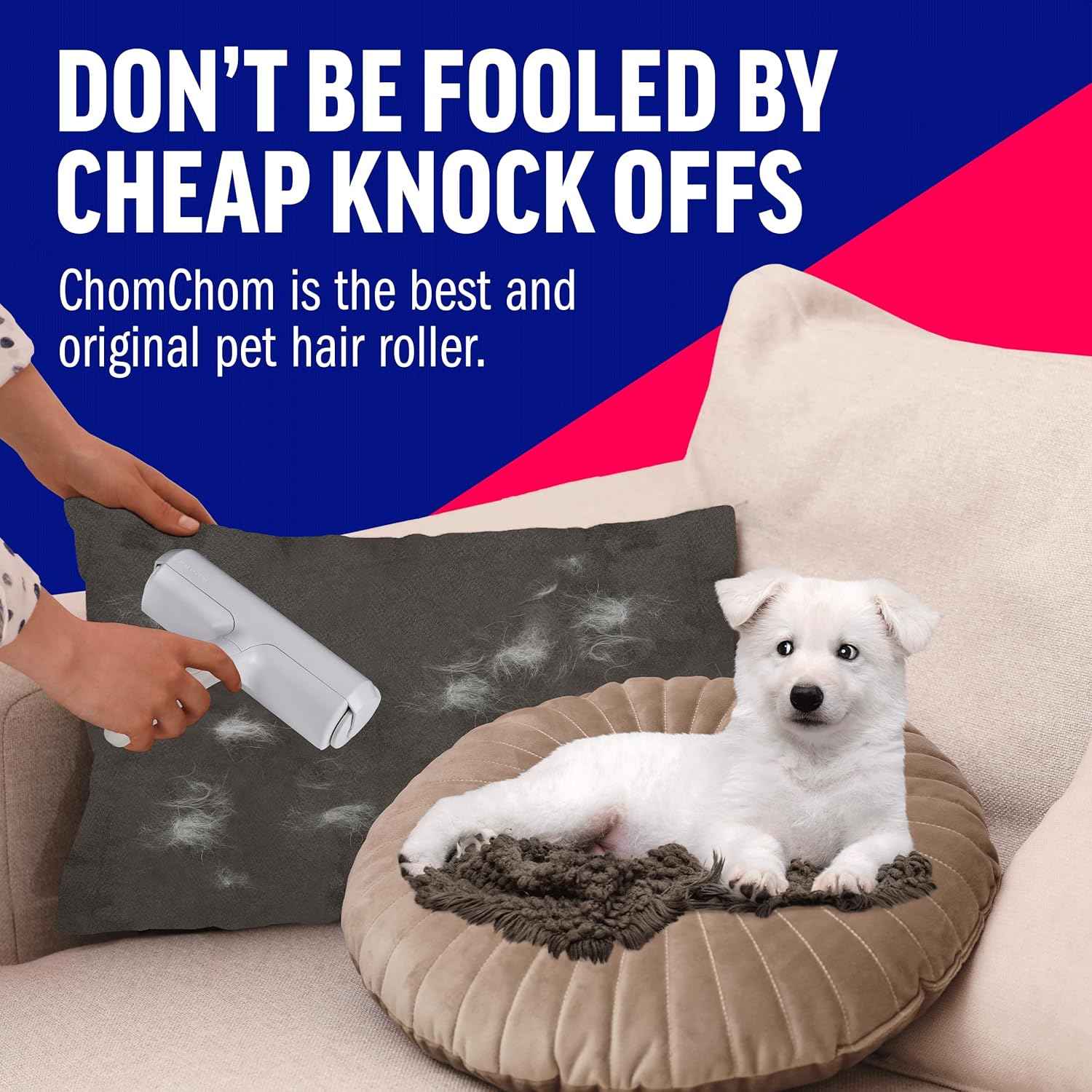 ChomChom Roller Pet Hair Remover and Reusable Lint Roller - Cat and Dog Hair Remover for Furniture, Couch, Carpet, Clothing and Bedding - Portable, Multi-Surface Fur Removal Tool (White)