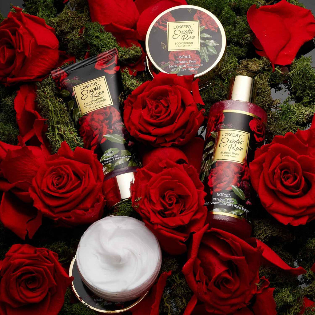 Exotic Rose Valentine Gift Basket for Women, Spa Bath and Body Gift Set with Rose Soaps and Bath Salts