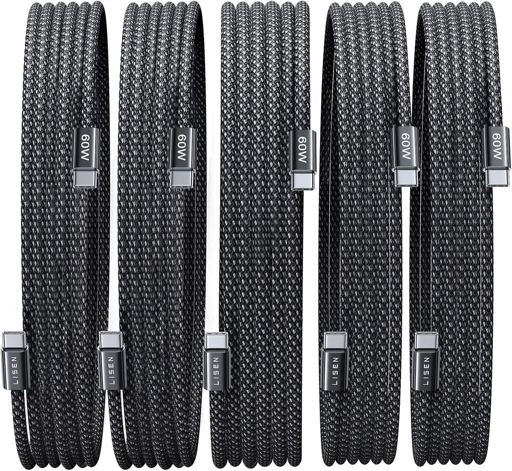 Lisen 5-pack usb c to c cable, 60w fast charging, 10ft for iphone 17, ipad, galaxy s25/s24