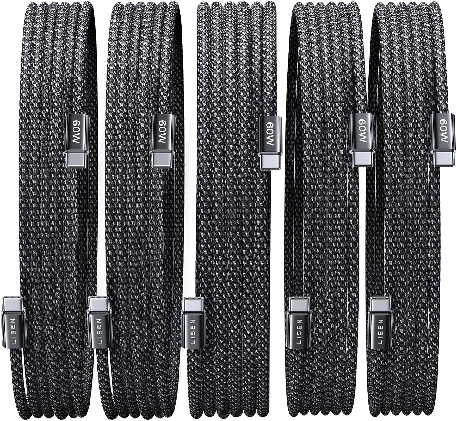 Lisen 5-pack usb c to c cable, 60w fast charging, 10ft for iphone 17, ipad, galaxy s25/s24