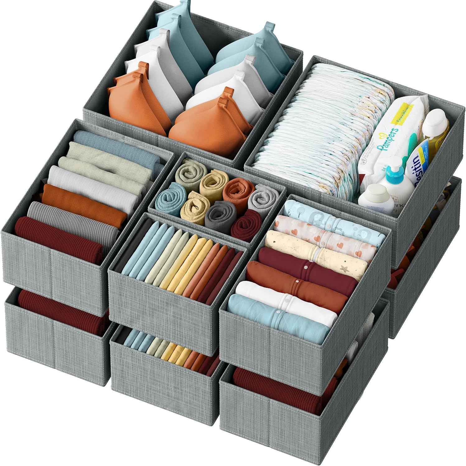 Drawer Organizer Clothes Set of 12 White-Grey - Dresser Organizer For Nursery, Bedroom, Closet - Perfect Baby Clothes Organizer and Storage & General Nursery Organization or Dresser Drawer Organizers