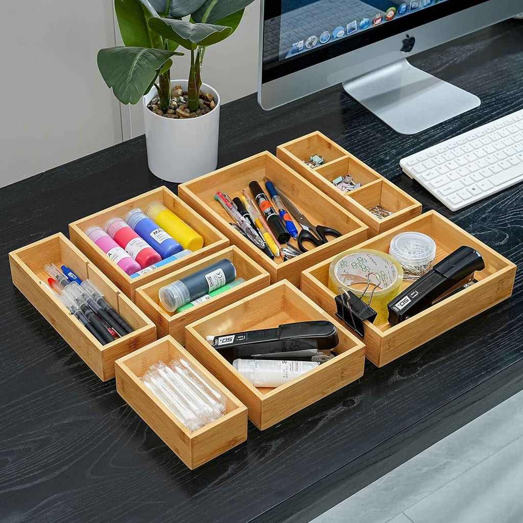 Fabsome bamboo wood set of 9 drawer organizer for kitchen, makeup, desk, and bathroom storage