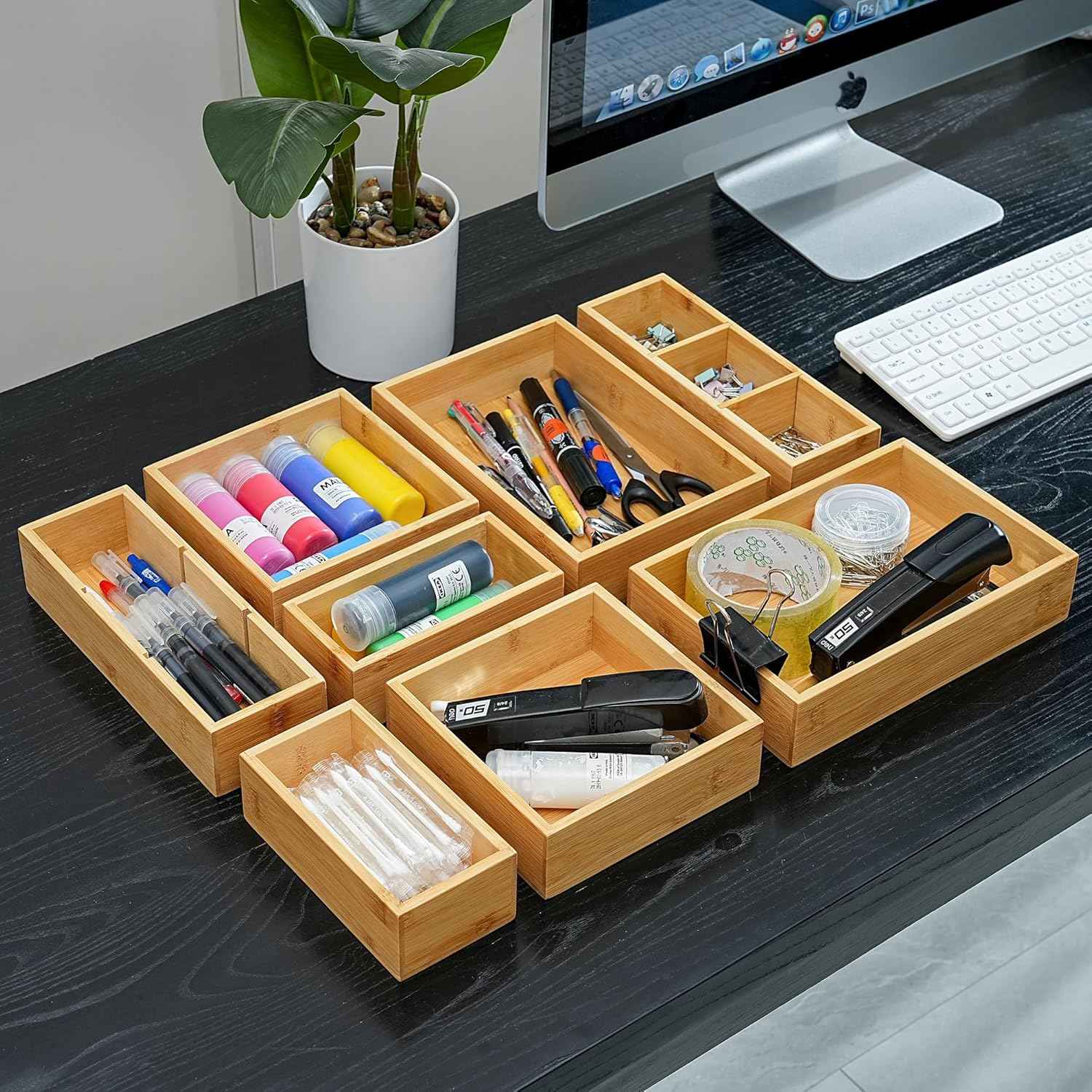 Fabsome bamboo wood set of 9 drawer organizer for kitchen, makeup, desk, and bathroom storage
