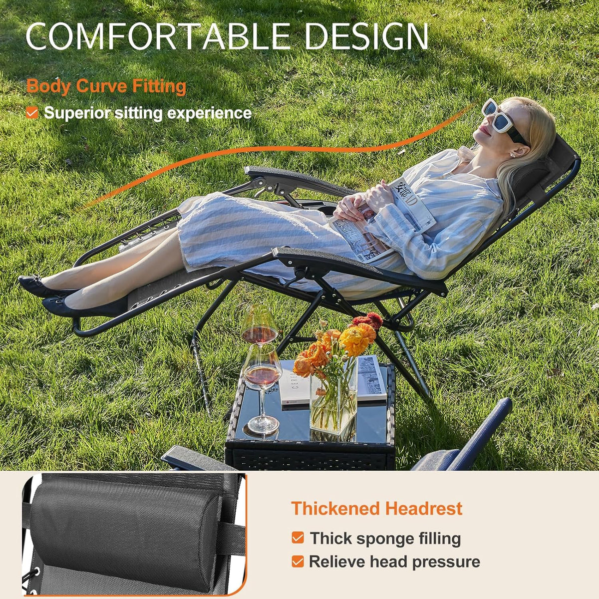 Sweetcrispy Zero Gravity Chairs, Set of 2 Portable Recliner Beach Camping Patio Outdoor Folding Lounge Chair with Cup Holder Trays and Adjustable Pillow for Poolside, Garden, Backyard, Lawn (Black)