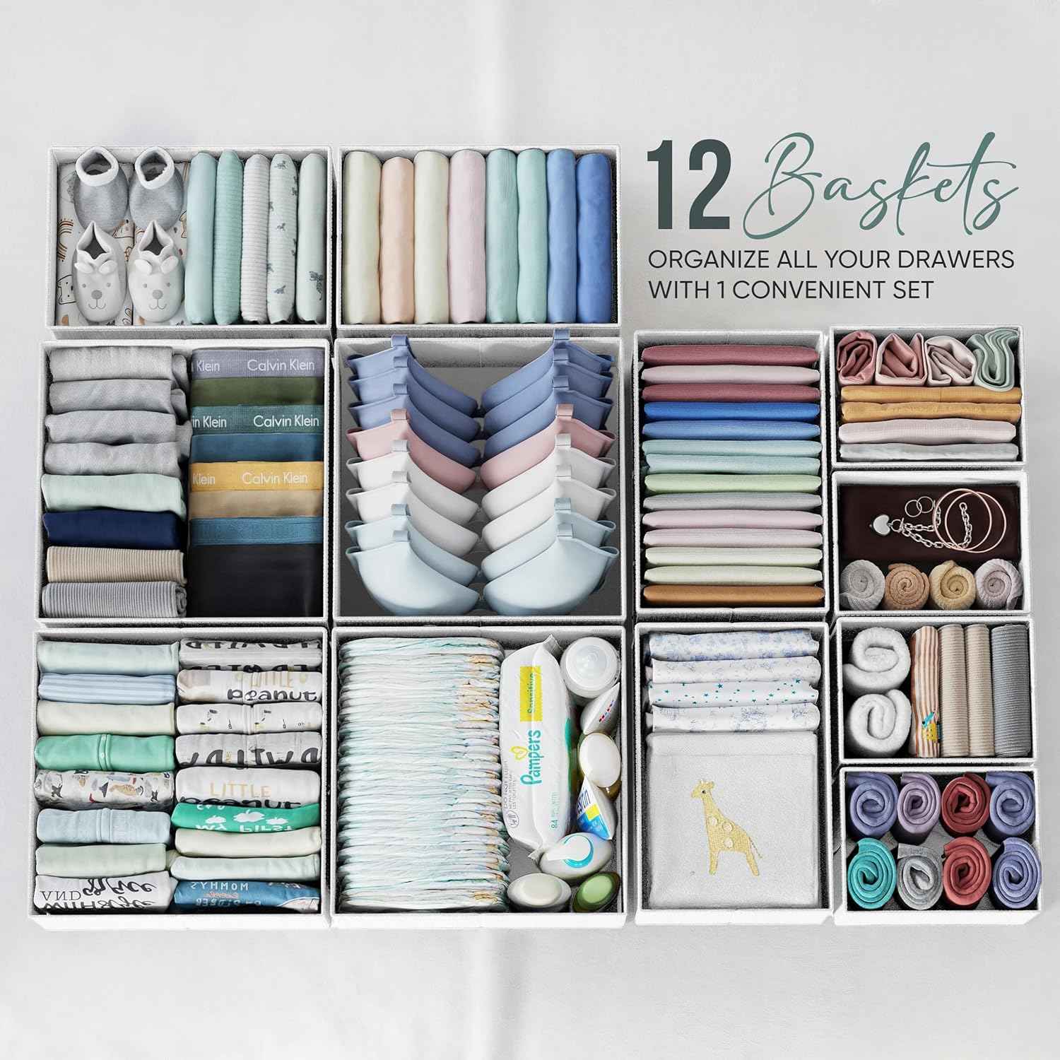 White-Grey Dresser Organizer Set of 12 PCS - Perfect for Nursery, Bedroom, Closet, Baby Clothes Organizer and Storage