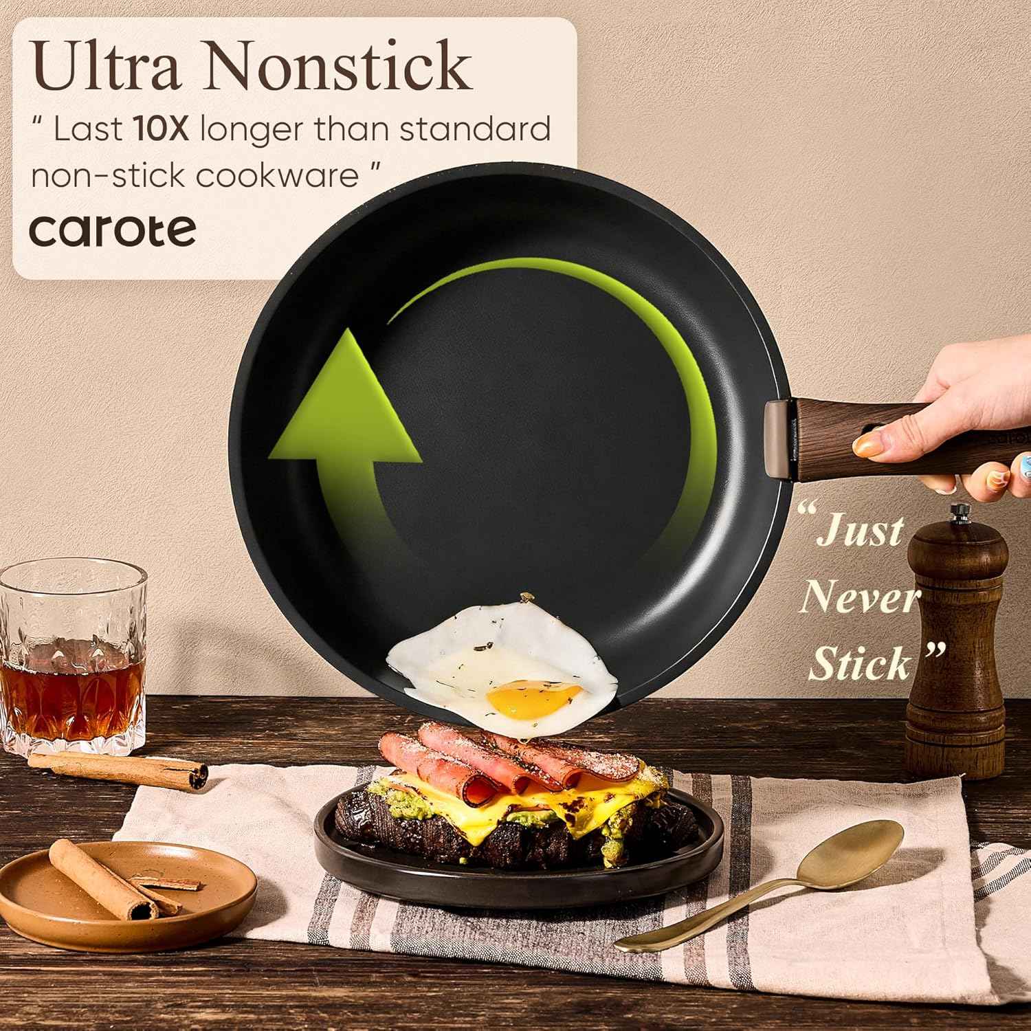CAROTE 19-Piece Non-Stick Cookware Set, Induction Kitchen Pots and Pans, Oven, Dishwasher, and Fridge Safe, Space Saving