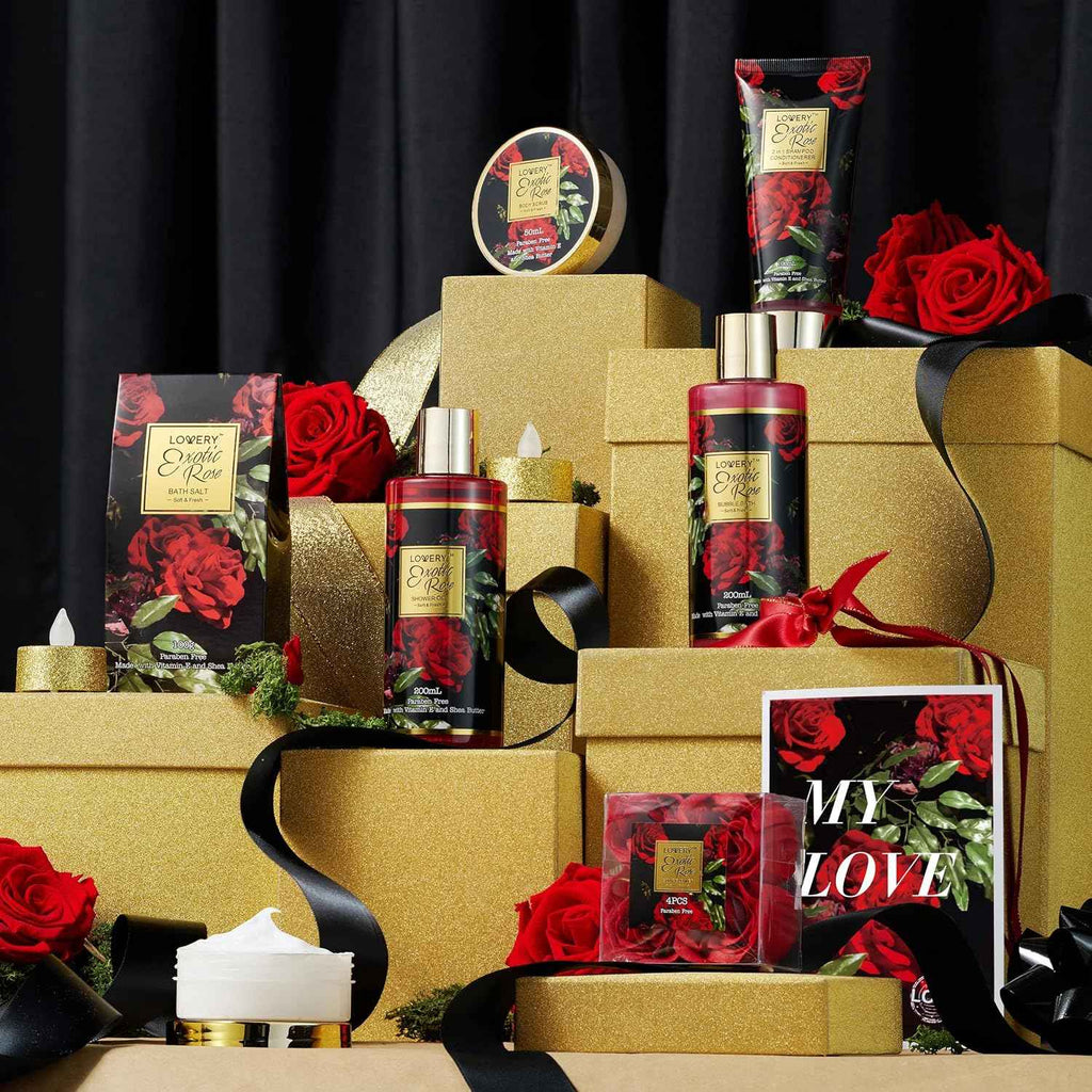 Exotic Rose Valentine Gift Basket for Women, Spa Bath and Body Gift Set with Rose Soaps and Bath Salts
