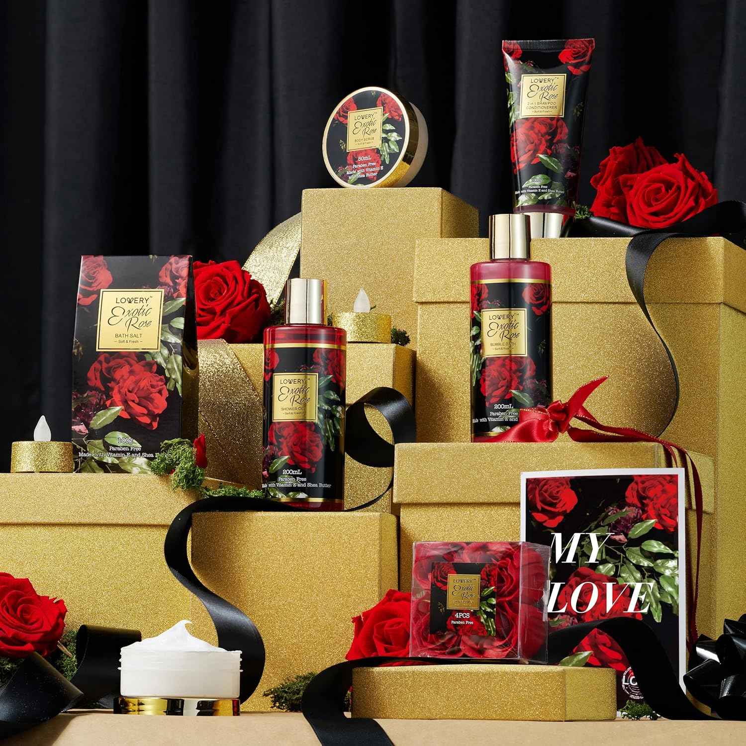 Exotic Rose Valentine Gift Basket for Women, Spa Bath and Body Gift Set with Rose Soaps and Bath Salts