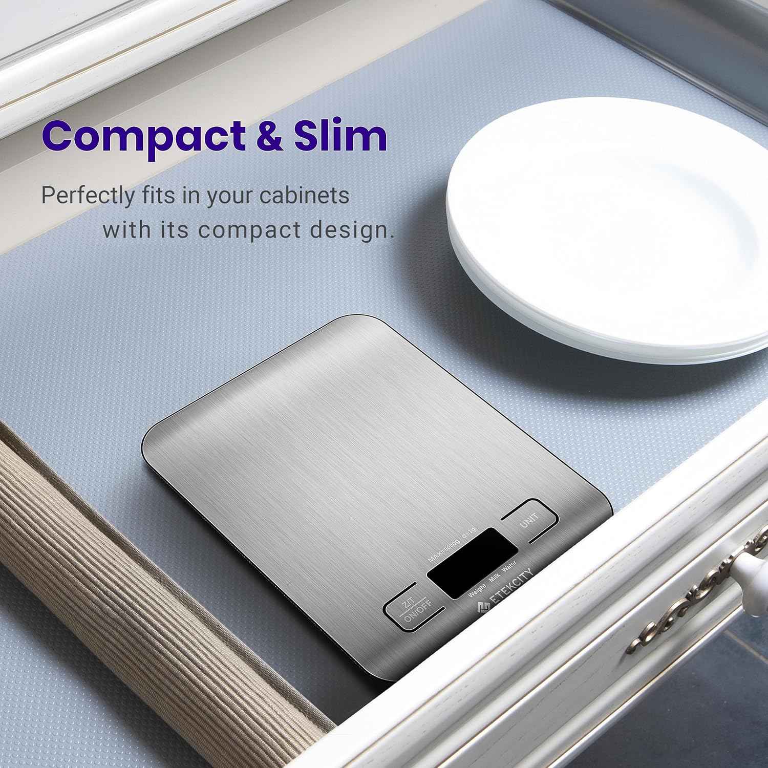 Etekcity digital kitchen scale, medium, 304 stainless steel, 11lb capacity, LCD display, grams and ounces