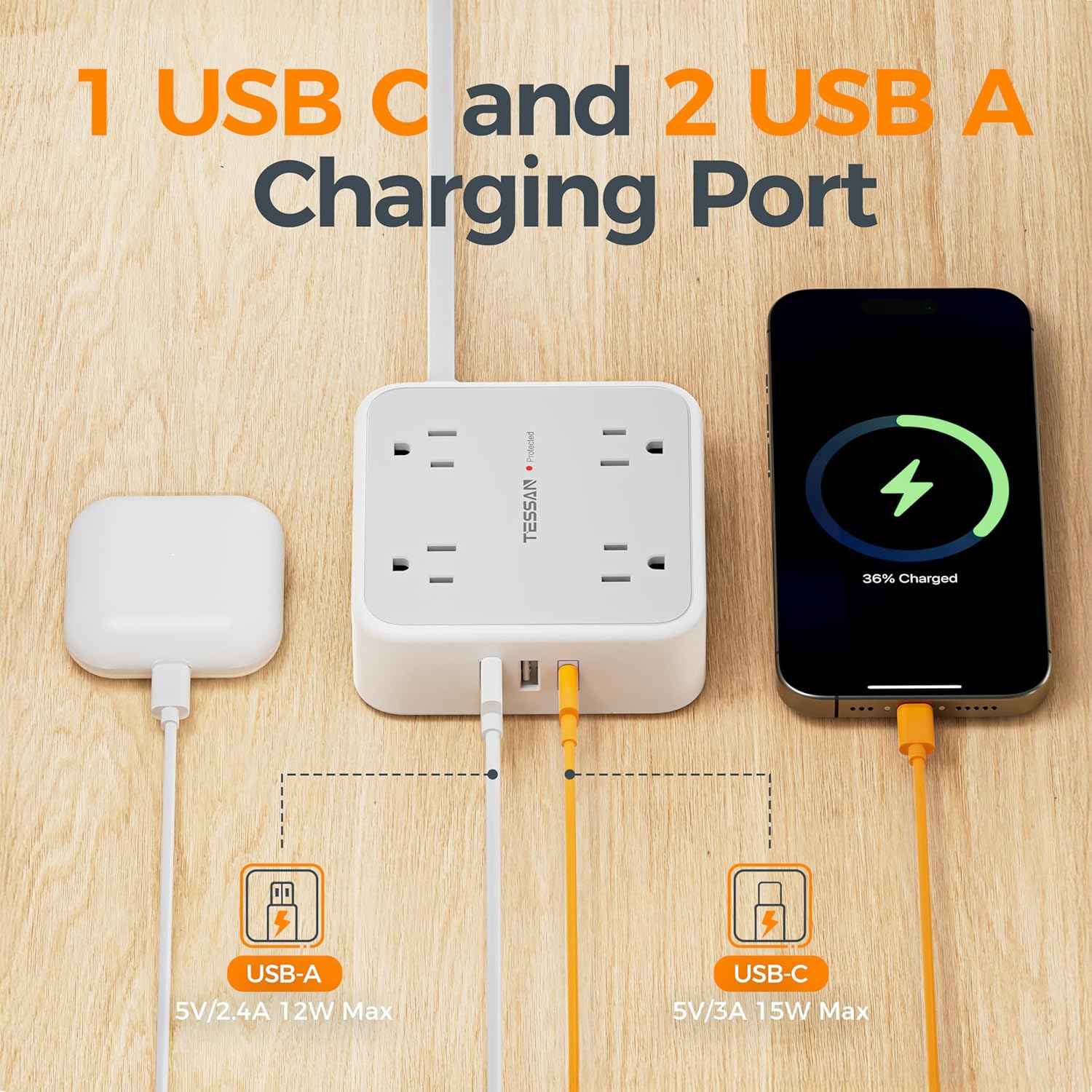 TESSAN 5 Ft flat plug extension cord with 3 USB, 8 outlets, 900J surge protection for office, dorm room essentials