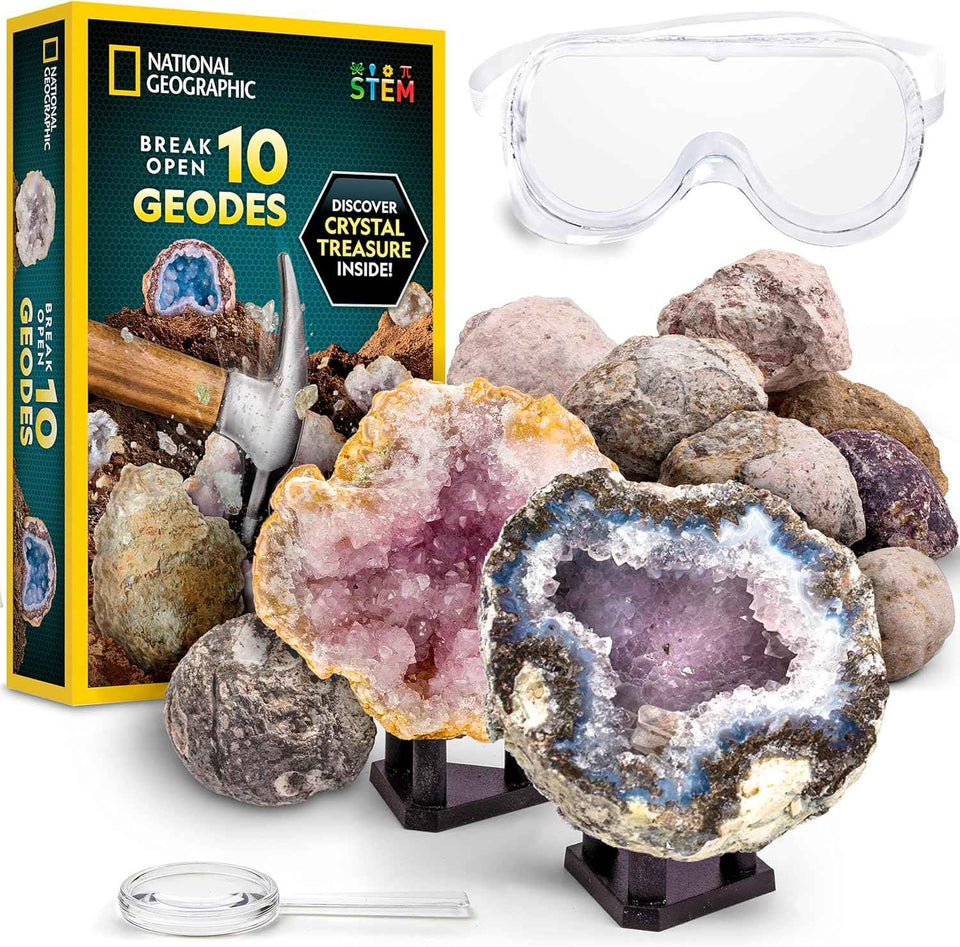 National Geographic Break Open 10 Premium Geodes – Includes Goggles & 2 Display Stands - Great STEM Science Kit, Geology Gift for Kids, Break Your Own Geodes with Crystals