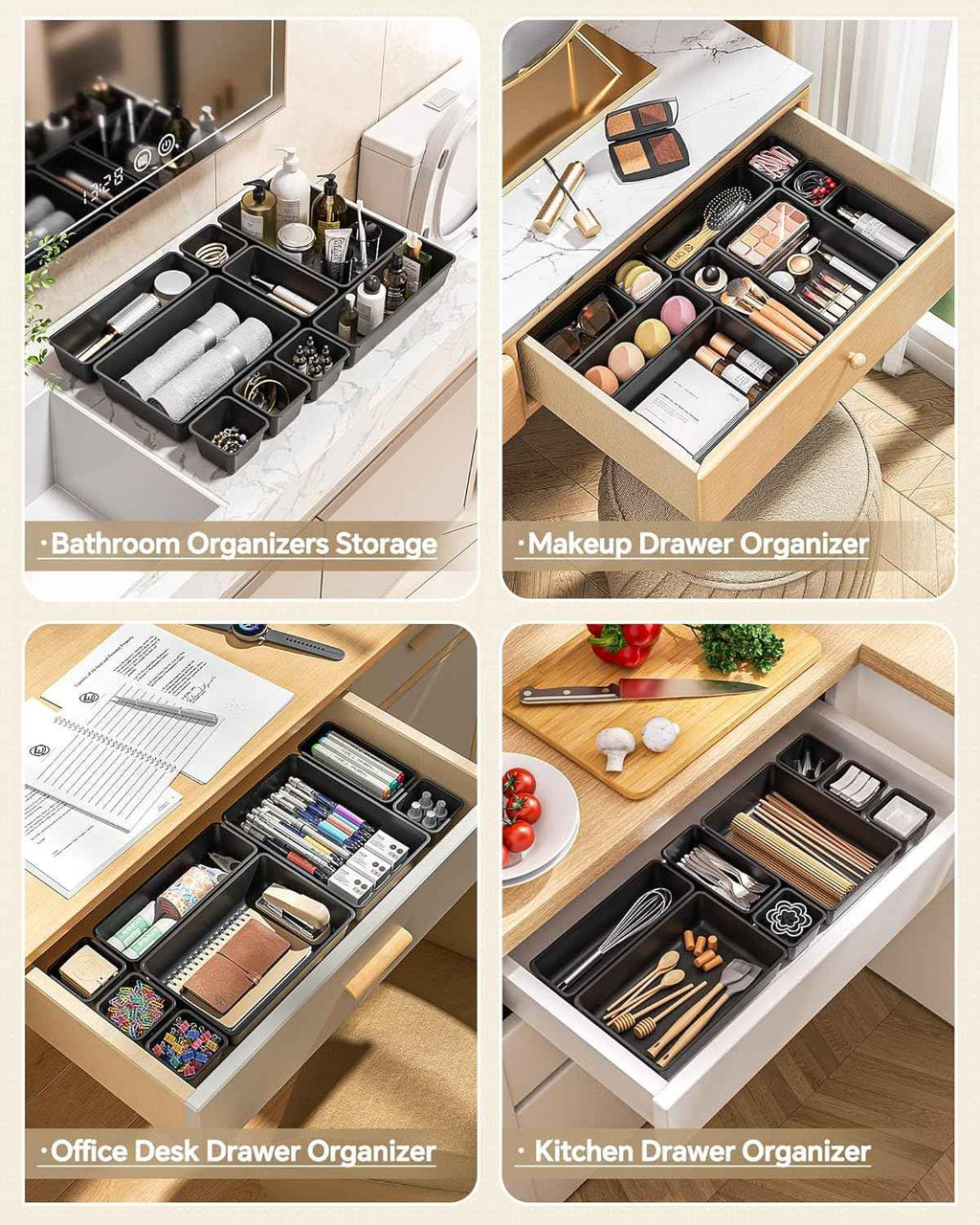 25-piece plastic drawer organizer set, 4 sizes, black, for makeup and desk storage
