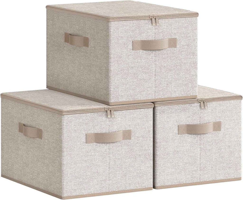 SONGMICS Foldable Storage Organizer Boxes - Set of 3 Fabric Bins with Lids and Handles