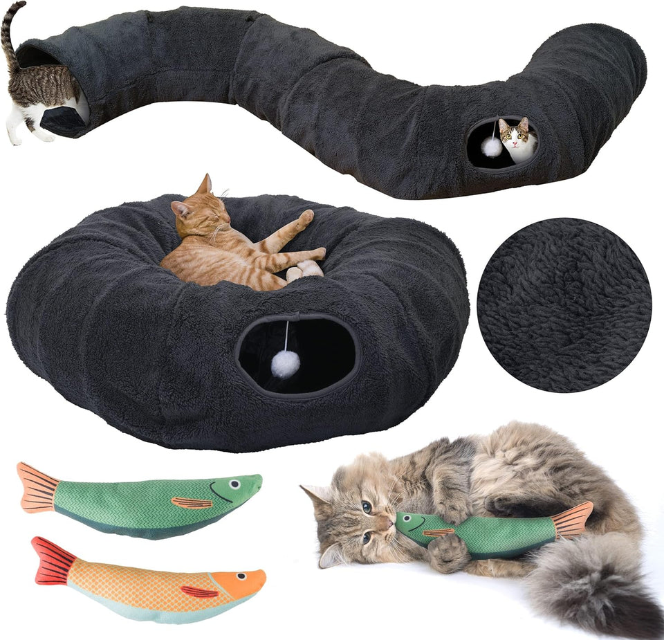 R1M Cat Donut Tunnel Bed Toy for Small and Larger Indoor Cats with Two Fish Toys, Brown