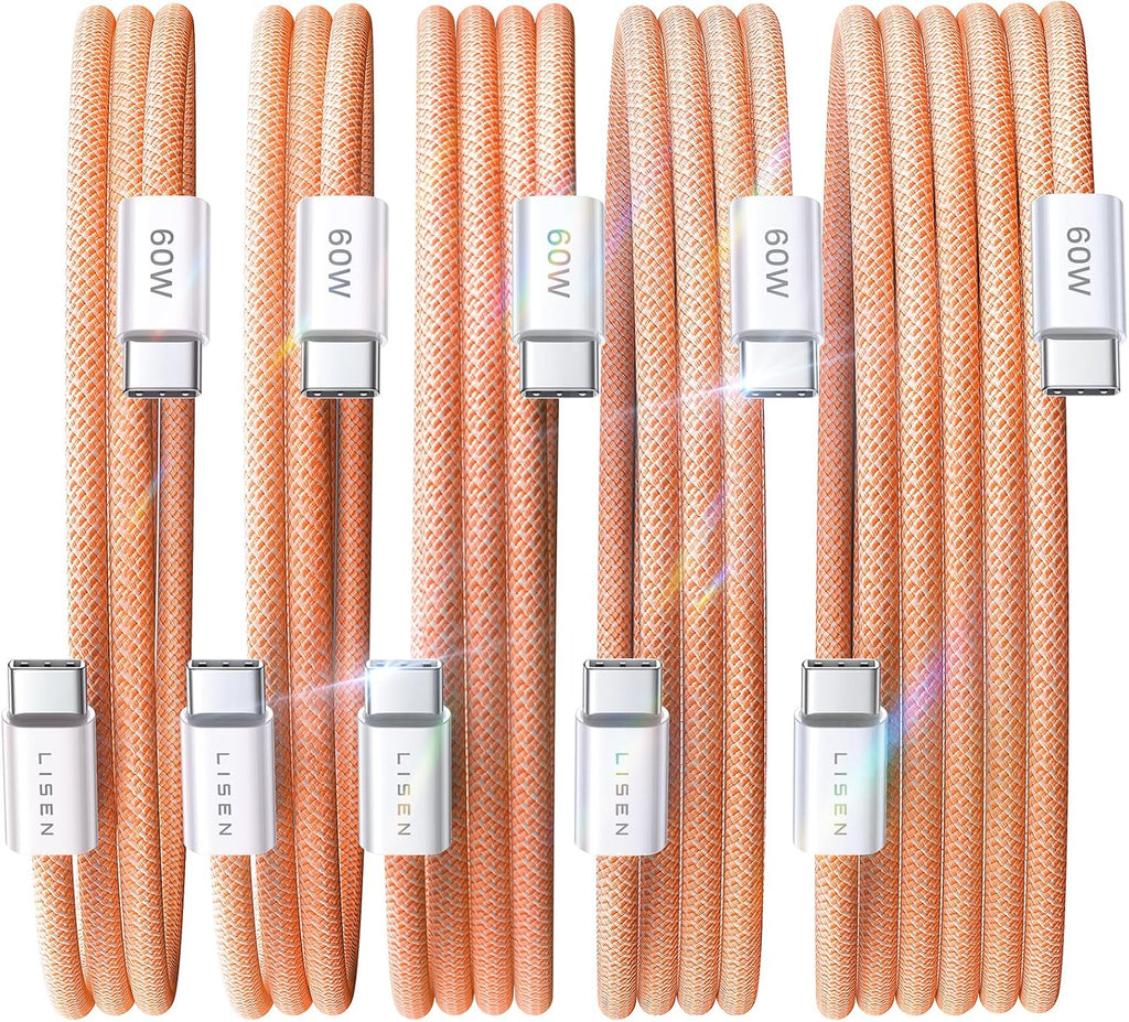 Lisen 5-pack usb c to c cable, 60w fast charging, 10ft for iphone 17, ipad, galaxy s25/s24