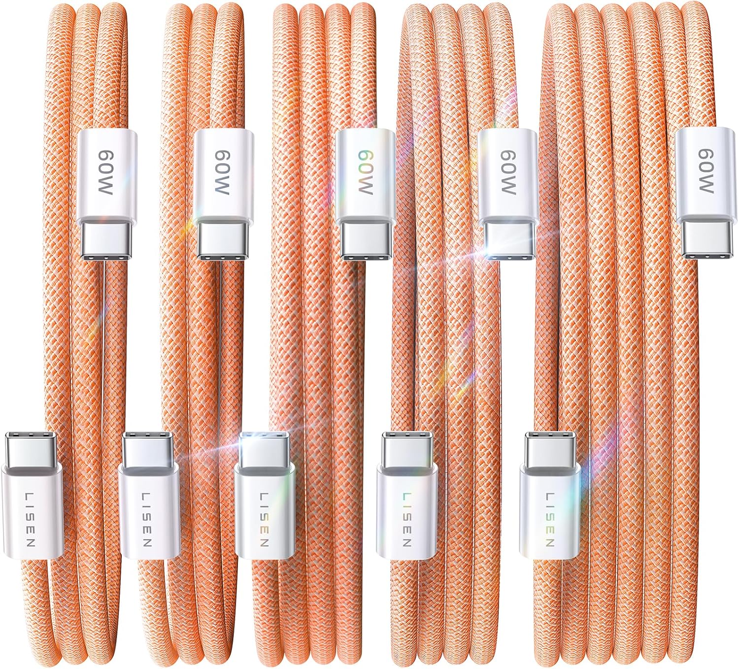 Lisen 5-pack usb c to c cable, 60w fast charging, 10ft for iphone 17, ipad, galaxy s25/s24