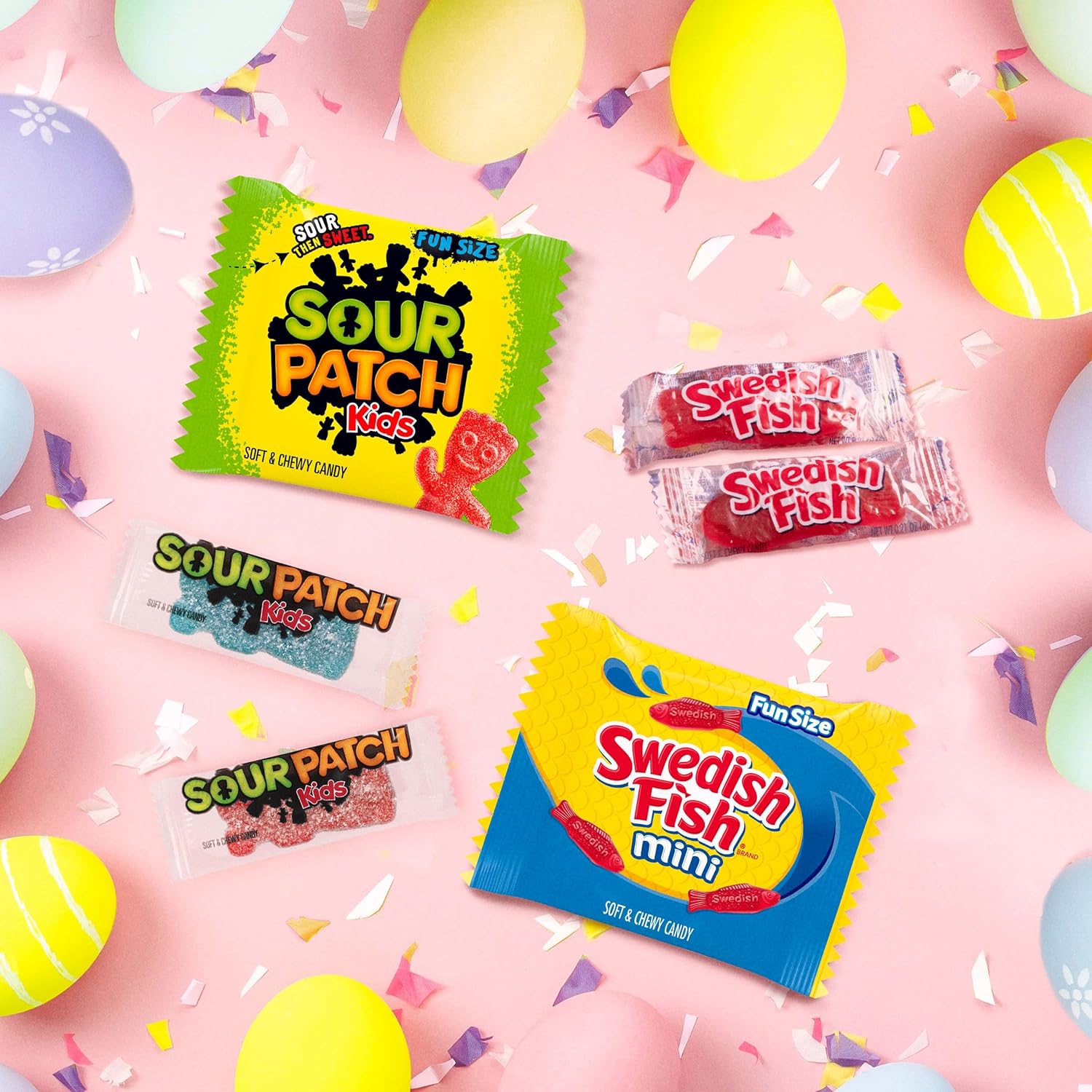 sour patch kids, sour patch kids big kids, swedish fish and swedish fish mini assorted soft & chewy easter candy variety pack, bulk, 140 snack packs