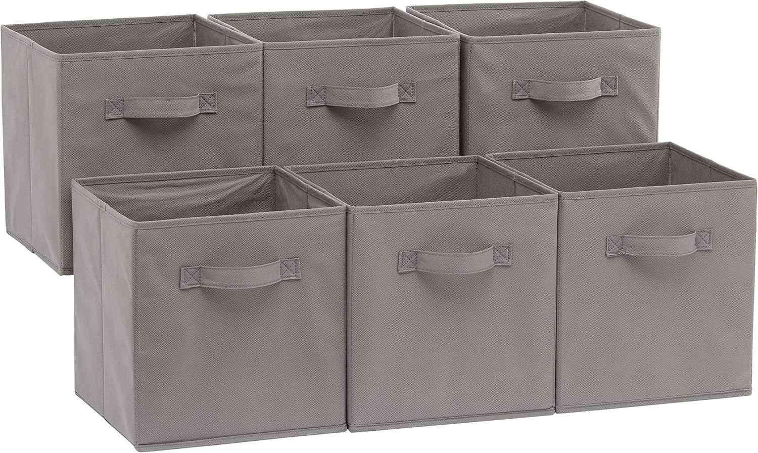 Amazon Basics Collapsible Fabric Storage Cubes Organizer with Handles, Sturdy, Beige, 10.5-x-10.5-x-11-inch, Pack of 6