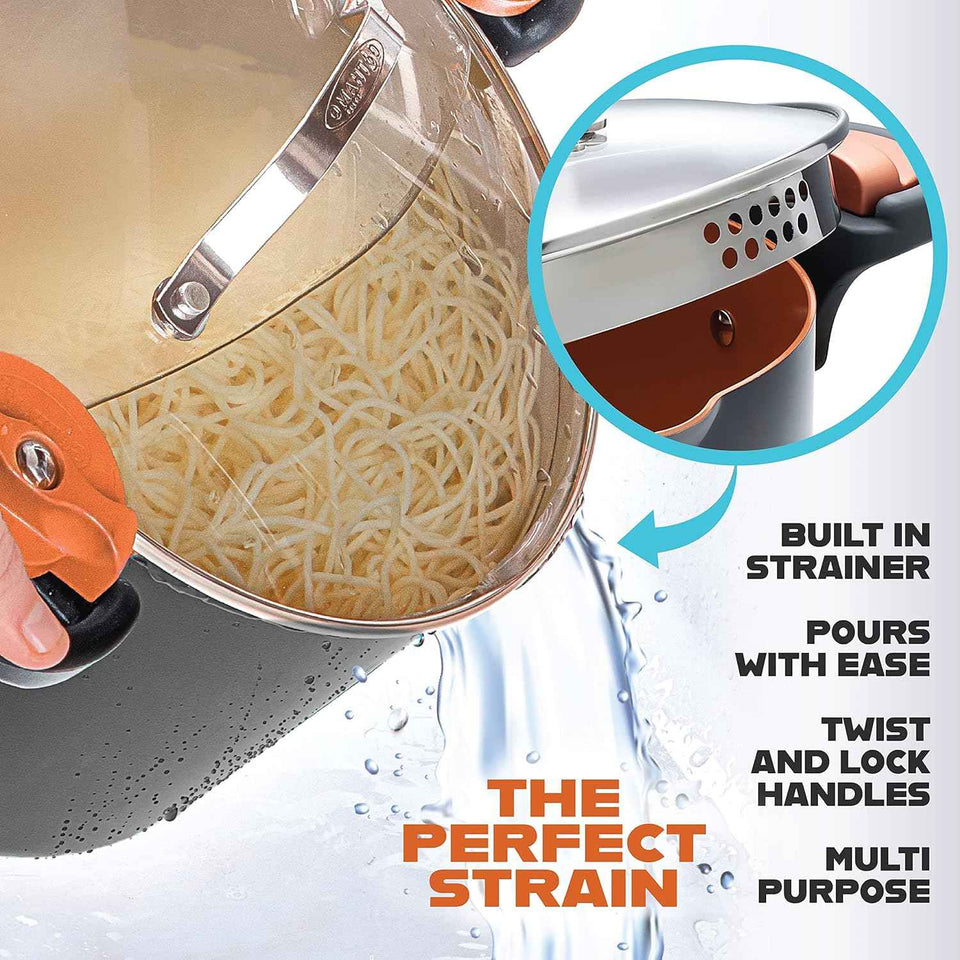 Gotham Steel 5 Quart Stock Pot Multipurpose Pasta Pot with Strainer Lid & Twist and Lock Handles, Nonstick Ceramic Surface Makes for Effortless Cleanup with Tempered Glass Lid, Dishwasher Safe