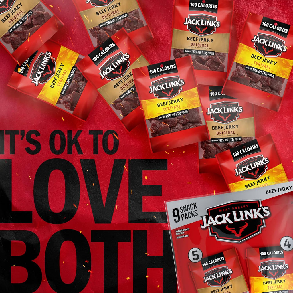 Jack Link's Beef Jerky Variety Pack with Original and Teriyaki Flavors, 9 Pack, 1.25 oz Bag, Ready to Eat Protein Snacks, 13g Protein per Serving