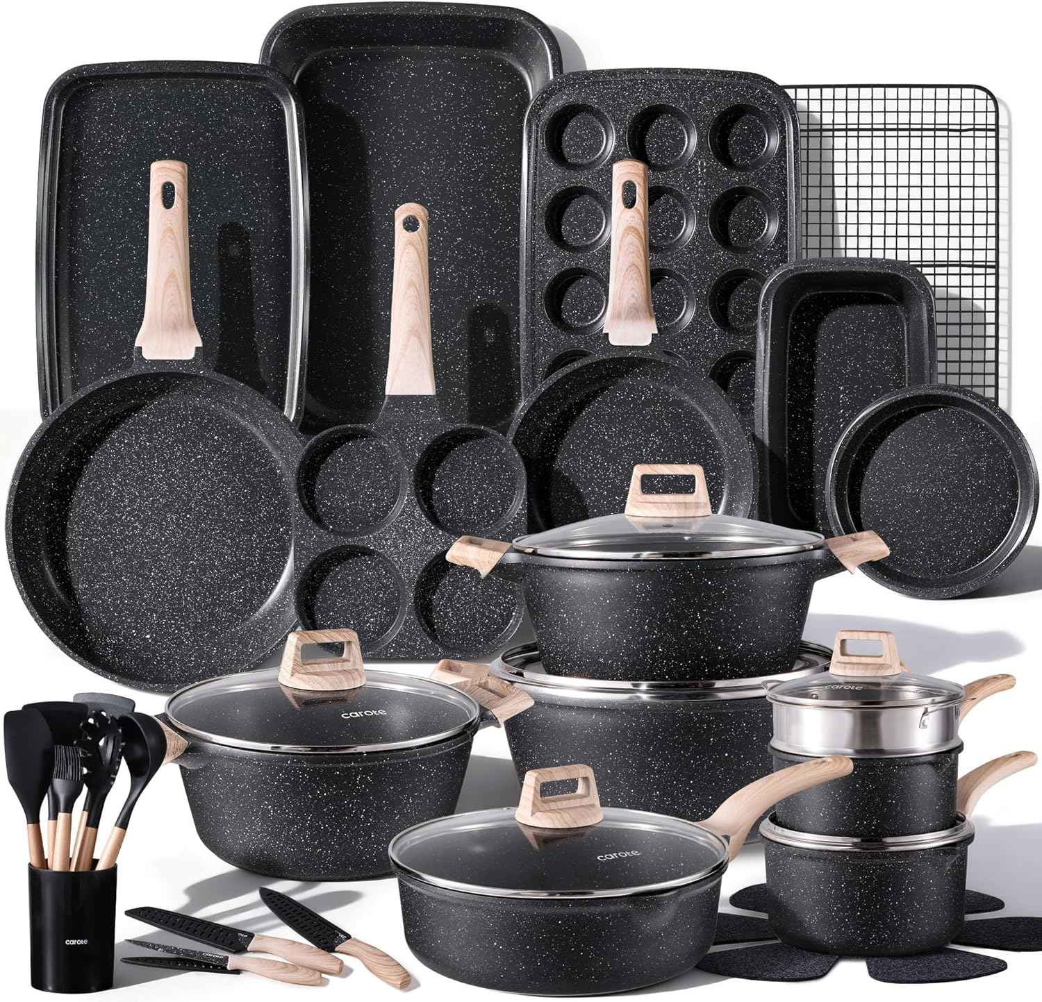 CAROTE 21Pcs Pots and Pans Set, Nonstick Cookware Sets, White Granite Induction Cookware Non Stick Cooking Set w/Frying Pans & Saucepans(PFOS, PFOA Free)