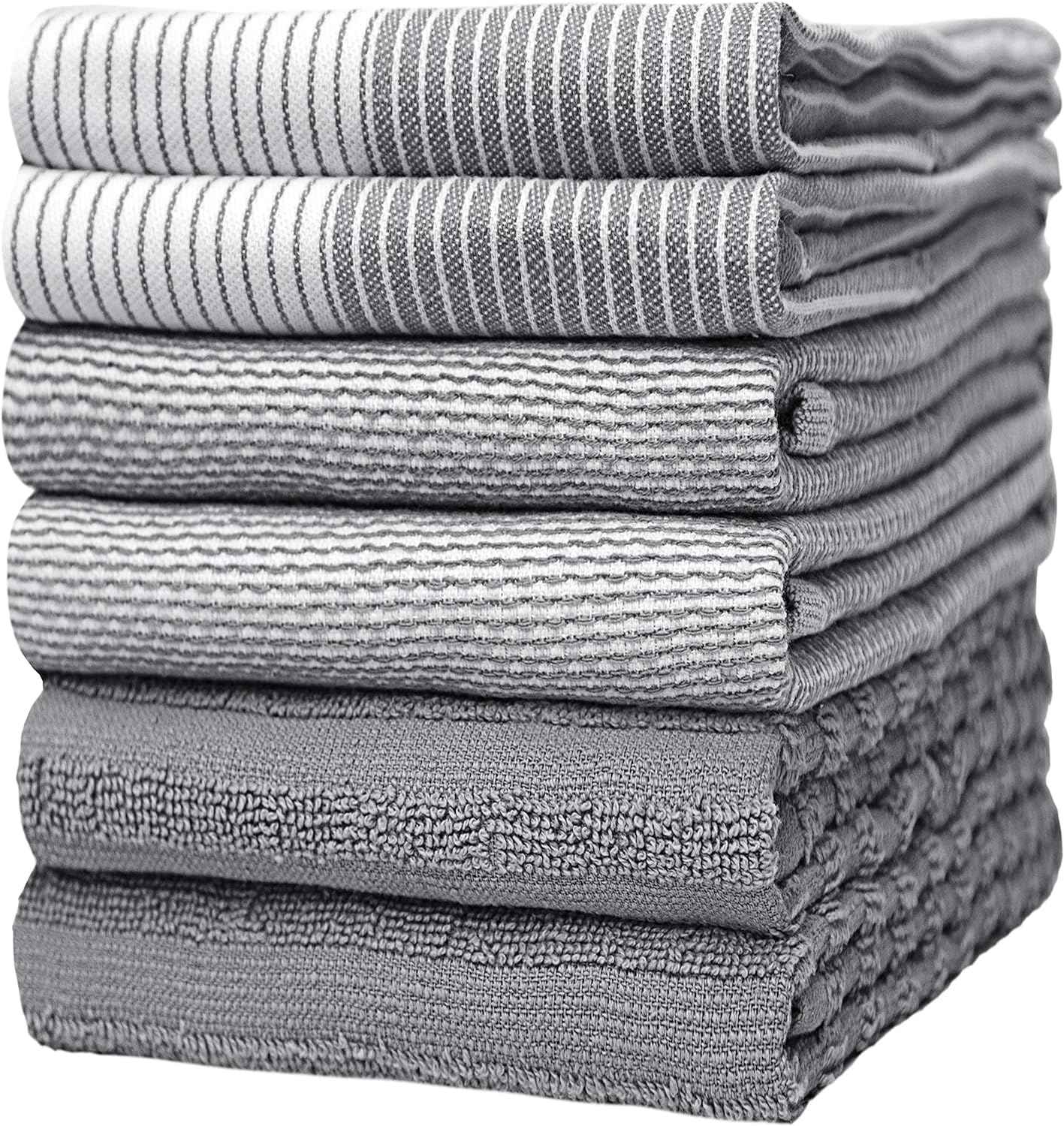 Premium Gray 20”x 28” Large Cotton Kitchen Hand Towels 6 Pack with Hanging Loop