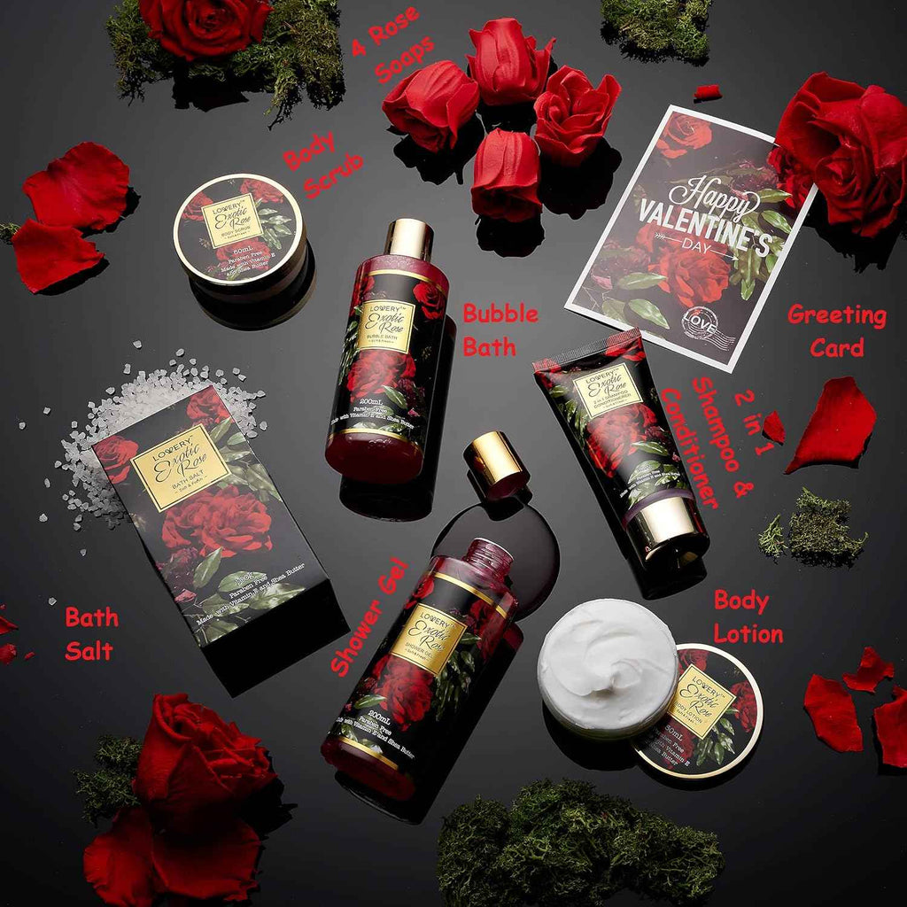Exotic Rose Valentine Gift Basket for Women, Spa Bath and Body Gift Set with Rose Soaps and Bath Salts