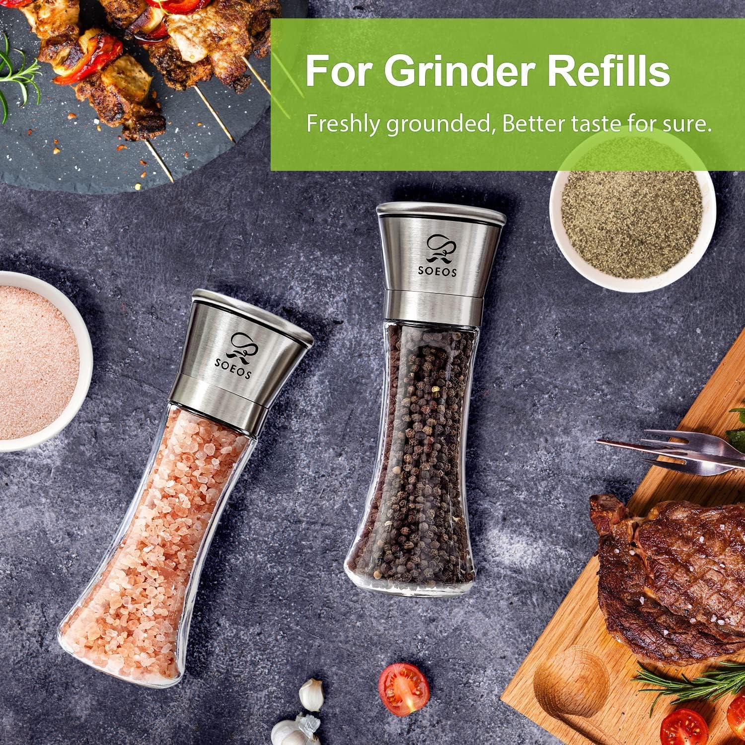 soeos Himalayan pink salt 39 oz + whole black peppercorns 18 oz coarse grain kosher salt non-gmo verified