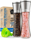 Home EC Premium Stainless Steel Sea Salt and Pepper Grinder Set of 2 - Adjustable Ceramic - Tall Glass Salt and Pepper Shakers - Kitchen Spice Mill W/Funnel & EBook
