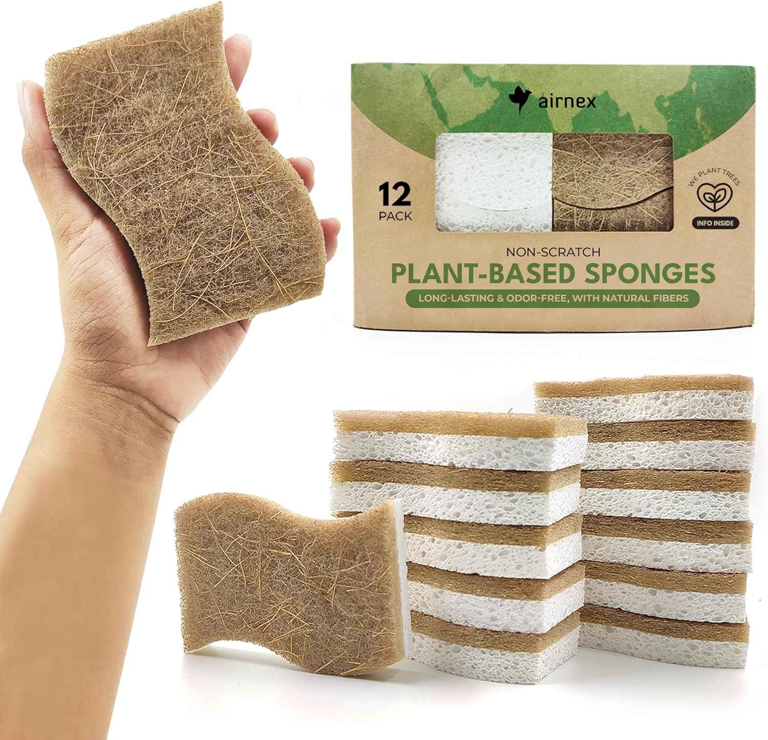 Natural Compostable Cellulose Coconut Walnut Kitchen Sponges 12 Pack Gentle Eco Friendly Daily Cleaning