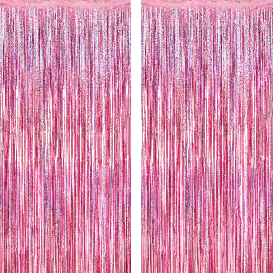 2 Pack Glitter Pink Backdrop, 3.28 FT x 7.05 FT Birthday Party Decorations, Laser Pink Fringe Curtains Foil Streamer Tinsel, Pink Curtains Photo Backdrop Happy Birthday Valentines Day Backdrop