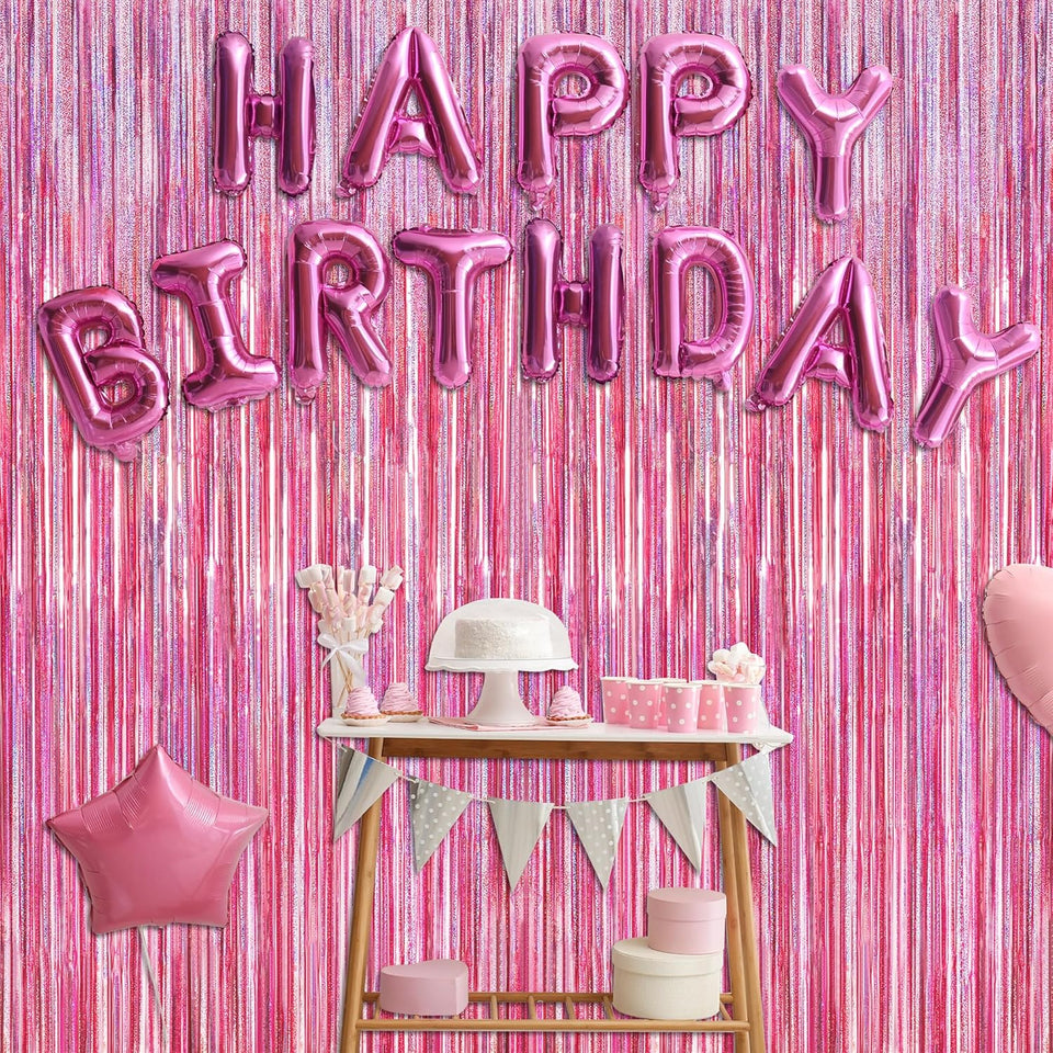 2 Pack Glitter Pink Backdrop, 3.28 FT x 7.05 FT Birthday Party Decorations, Laser Pink Fringe Curtains Foil Streamer Tinsel, Pink Curtains Photo Backdrop Happy Birthday Valentines Day Backdrop