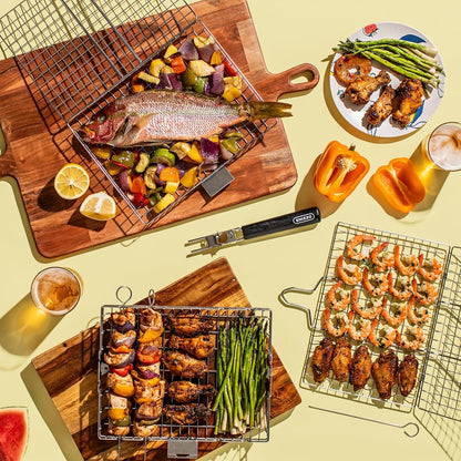 SHIZZO Grill Basket Set, Barbecue BBQ Grilling, Stainless Steel Folding Portable Outdoor Camping Rack for Fish, Shrimp, Vegetables, Cooking Accessories, Gifts for Dad, husband, Friends