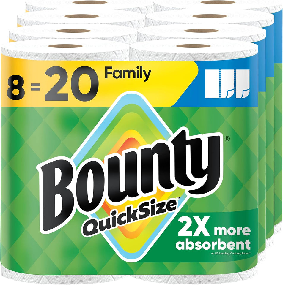 Bounty Quick Size Paper Towels, White, 8 Family Rolls, Fast Absorption and Convenient Everyday Cleanup