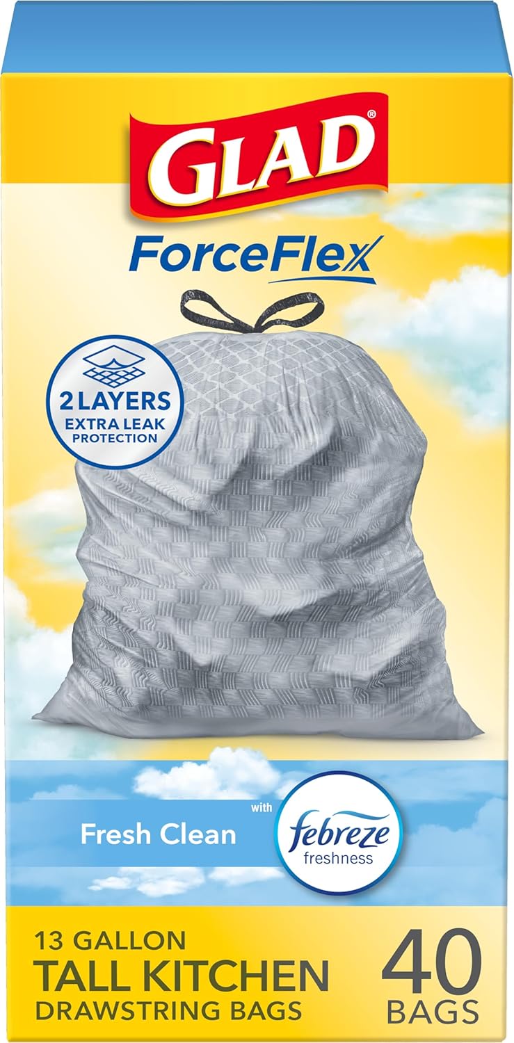 Glad ForceFlex 13-gallon tall kitchen trash bags with gain fresh clean scent, 40 count