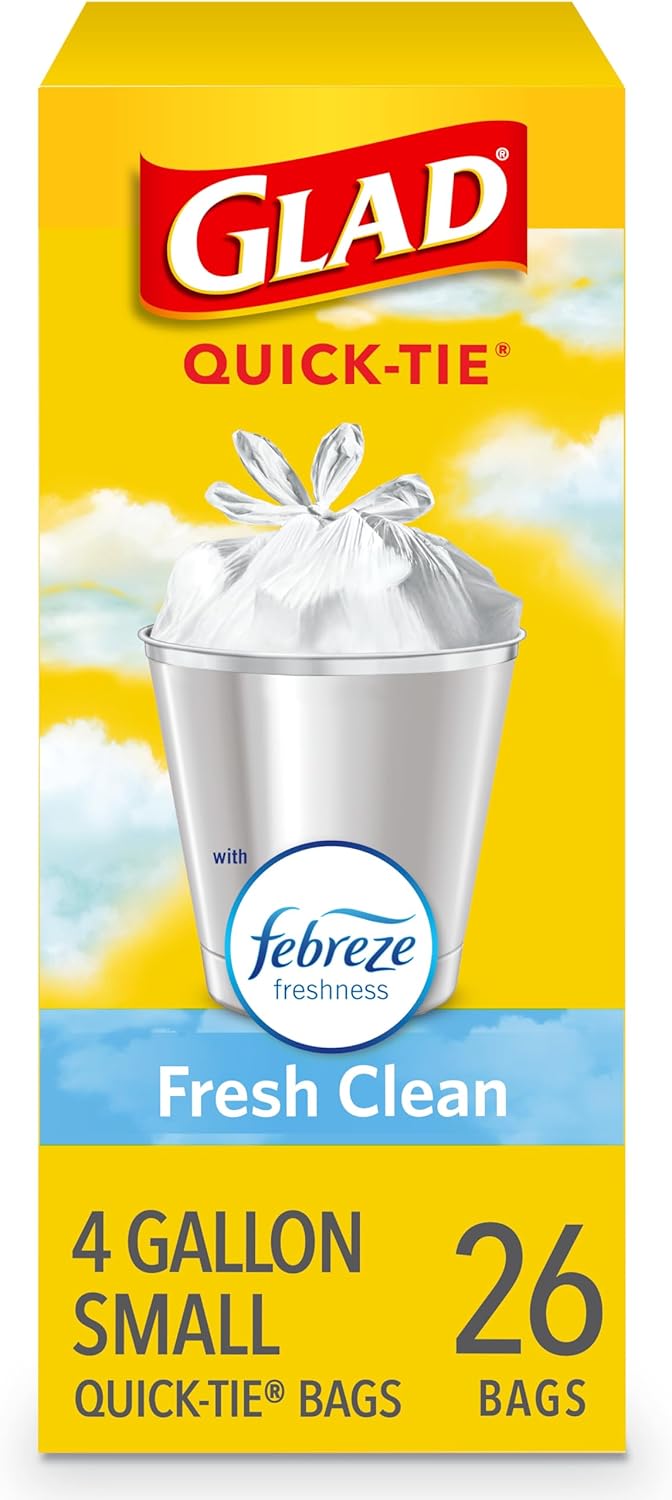 Glad 4 Gallon Small Trash Bags Febreze Fresh Clean Scent Quick-Tie Closures 26 Count