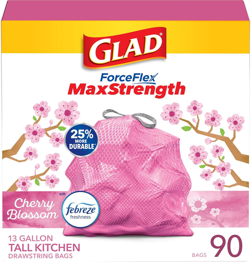 glad tall kitchen trash bags 13 gallon maxstrength cherry blossom scent garbage bags with drawstring 90 count