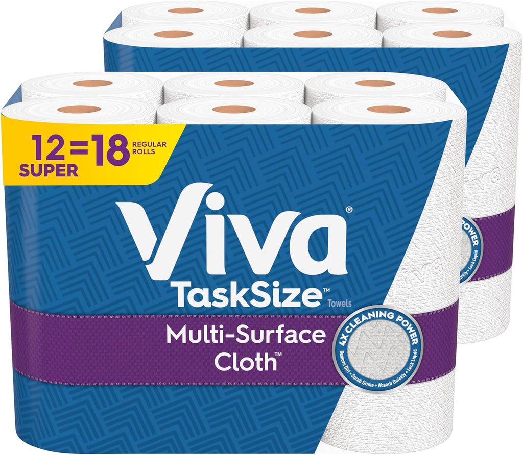 Viva Multi-Surface Cloth Paper Towels, Task Size, 12 Super Rolls (2 Packs of 6), 81 Sheets Per Roll for Kitchen and Bathroom Cleaning